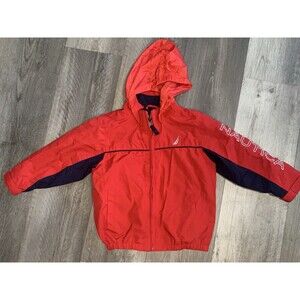 Nautica Boys Red Windbreaker Jacket Size 3T Full Zip Logo Sleeve Waterproof